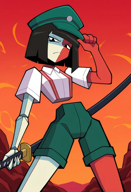 masterpiece, best quality, highres, BREAK, 1girl, solo, ena2, leftface, geometric body, detached limbs, multicolored skin, white and red skin, black eyes, black hair, short hair, blunt bangs, dbbqoutfit, green headwear, peaked cap, white shirt, collared shirt, short sleeves, suspenders, green shorts, angry, looking at viewer, frown, holding weapon, katana, standing, legs apart, dynamic pose, cowboy shot, abstract background, red sky
