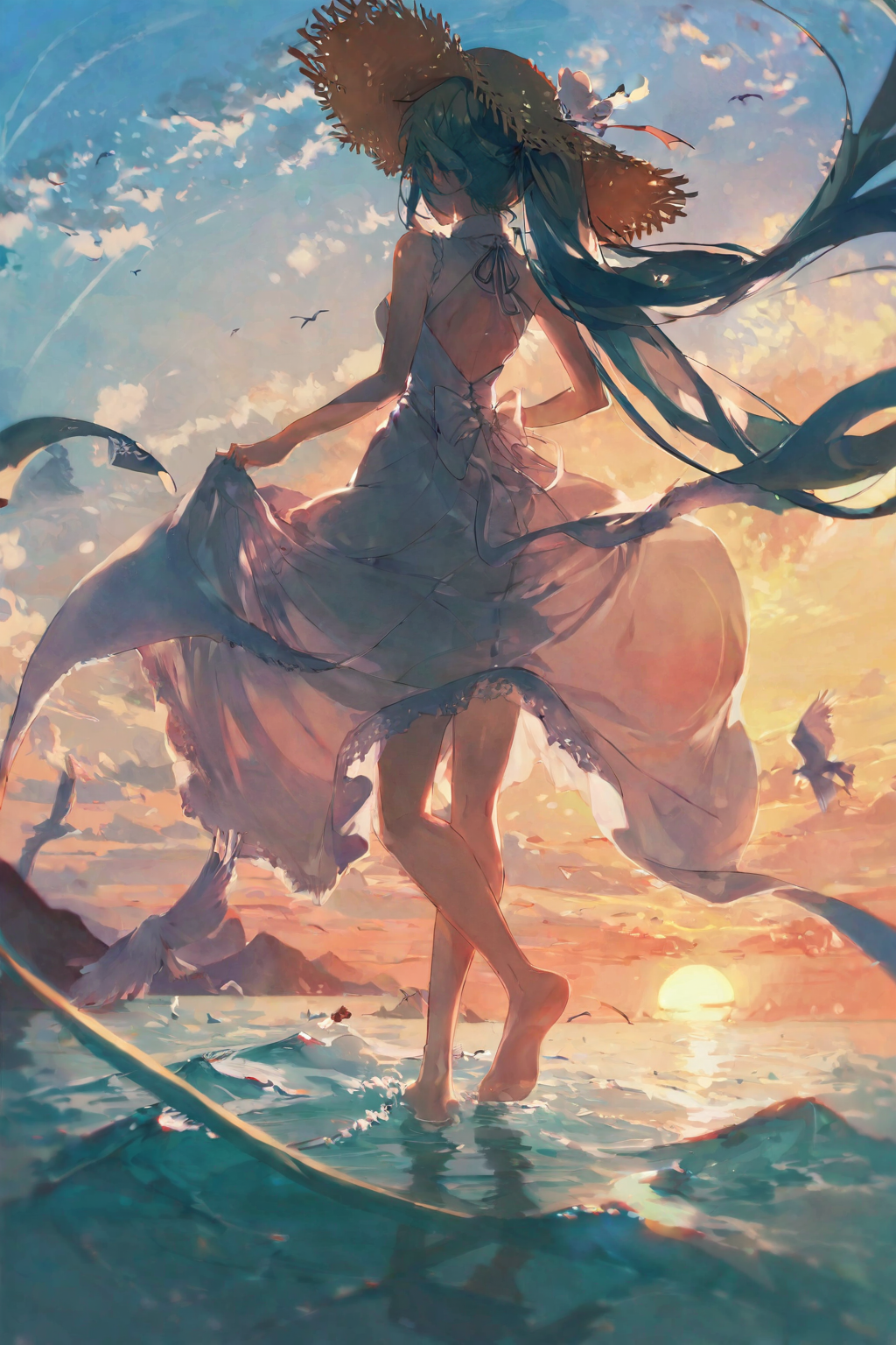 aesthetic, beautiful, best quality, high quality, masterpiece, 64K, UHD, HDR, extremely detailed, beautiful particle, crisp detail, crisp edges, rich color, sharp contrast, digital painting, dynamic lighting, subtle shadows, complex shading, depth of field, film grain, bokeh
by KonyaKarasue, 1girl, bird, solo, long hair, dress, hat, sky, hatsune miku, hat removed, very long hair, white dress, floating hair, day, headwear removed, cloud, ocean, blue sky, outdoors, skirt hold, twintails, barefoot, sun hat, backless outfit, standing, backless dress, water, aqua hair, horizon, bare shoulders, absurdly long hair, seagull, ribbon, sleeveless, sundress, straw hat, from behind, sleeveless dress, long dress, breasts, <lora:KonyaKarasue:1>