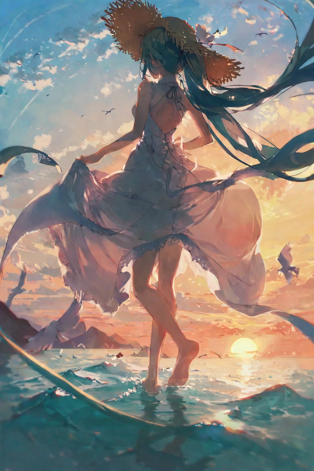 aesthetic, beautiful, best quality, high quality, masterpiece, 64K, UHD, HDR, extremely detailed, beautiful particle, crisp detail, crisp edges, rich color, sharp contrast, digital painting, dynamic lighting, subtle shadows, complex shading, depth of field, film grain, bokeh
by KonyaKarasue, 1girl, bird, solo, long hair, dress, hat, sky, hatsune miku, hat removed, very long hair, white dress, floating hair, day, headwear removed, cloud, ocean, blue sky, outdoors, skirt hold, twintails, barefoot, sun hat, backless outfit, standing, backless dress, water, aqua hair, horizon, bare shoulders, absurdly long hair, seagull, ribbon, sleeveless, sundress, straw hat, from behind, sleeveless dress, long dress, breasts, <lora:KonyaKarasue:1>