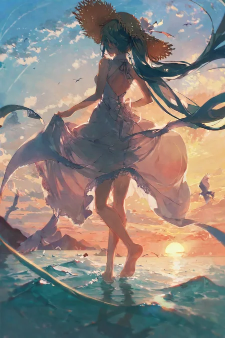 aesthetic, beautiful, best quality, high quality, masterpiece, 64K, UHD, HDR, extremely detailed, beautiful particle, crisp detail, crisp edges, rich color, sharp contrast, digital painting, dynamic lighting, subtle shadows, complex shading, depth of field, film grain, bokeh
by KonyaKarasue, 1girl, bird, solo, long hair, dress, hat, sky, hatsune miku, hat removed, very long hair, white dress, floating hair, day, headwear removed, cloud, ocean, blue sky, outdoors, skirt hold, twintails, barefoot, sun hat, backless outfit, standing, backless dress, water, aqua hair, horizon, bare shoulders, absurdly long hair, seagull, ribbon, sleeveless, sundress, straw hat, from behind, sleeveless dress, long dress, breasts, <lora:KonyaKarasue:1>