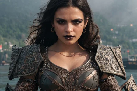 masterpiece, best quality, (colorful), cinematic lighting,  realistic, battlefield besides the dark waters of a misty fjord, beautiful valkiria, wavy dark hair, plate armor, ornate carapace, long sword, wooden shield, 
dynamic pose, extremely detailed, beautiful detailed face, medium breasts, braless, no bra, cleavage, nipslip, at dusk, slanted sunrays, pale skin, detailed skin, dark makeup, black mascara, black lipstick, EyeDetail, perfect detailed eyes, long eyelashes, black eyeliner, kawaii makeup , subsurface scattering, remarkable color, ultra realistic, textured skin, remarkable detailed pupils, realistic dull skin noise, visible skin detail, skin fuzz, dry skin, bokeh, sharp focus on subject,