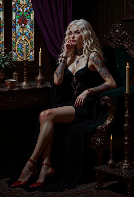 pinkdarkfantasy,
This fantasy-style digital painting portrays a mysterious young woman with long, white curly hair, adorned with Her violet eyes, sharp features, and cool black lips exude charm. She wears a fitted black dress that accentuates her slender form, with a fishtail skirt and a black nylon pantyhose revealing her long legs. A bunch of detailed body tattoos, gothic inspired, obsidian and ruby intricate, adds rebellion to her dark attire.
She rests on a black velvet sofa, with leather red high heels featuring embroidered straps. The dimly lit room is adorned with deep purple velvet curtains, a stained glass window casting colorful shadows, and ancient walnut furniture with flickering candles, creating an air of mystery.