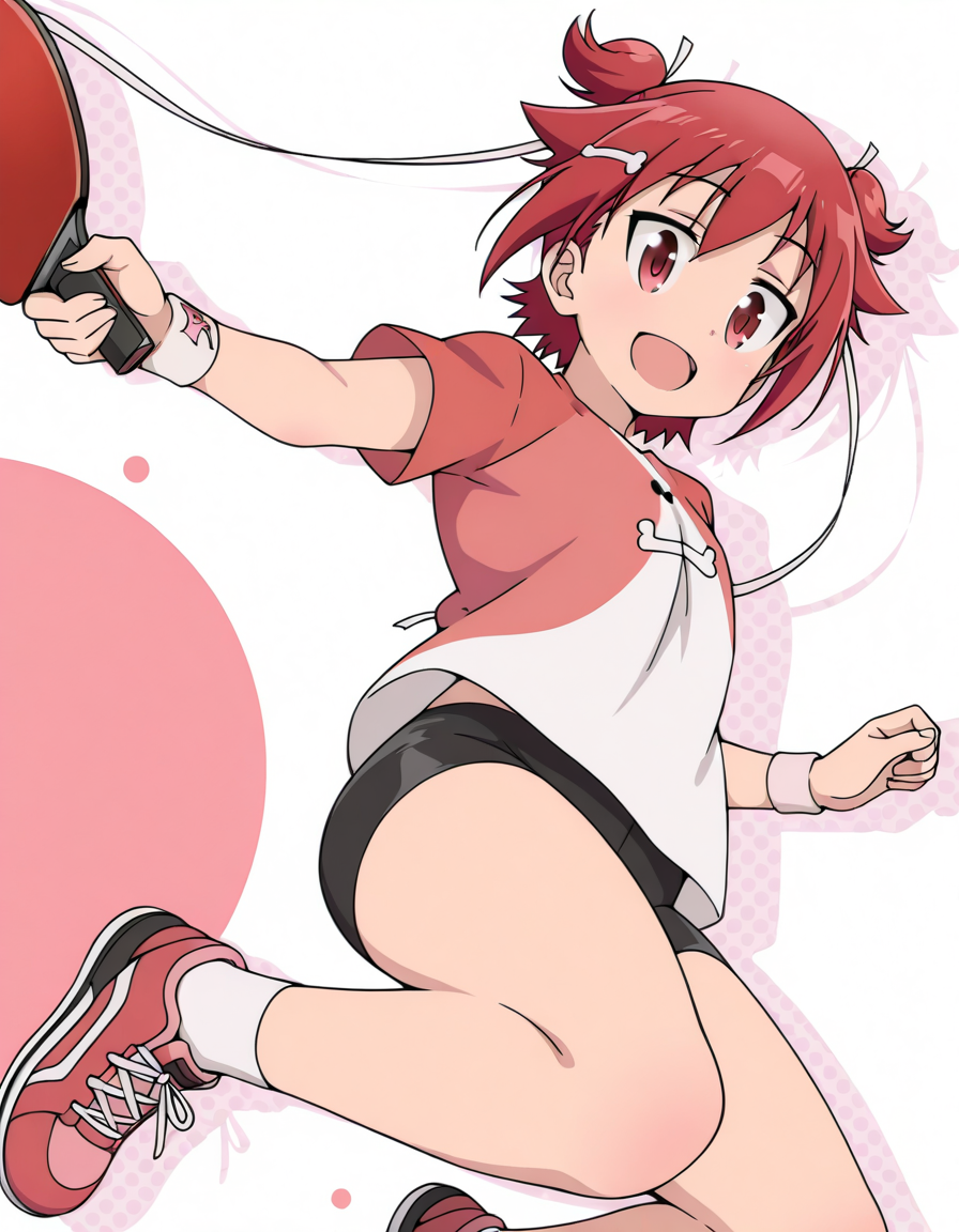 (masterpiece:1.4), (best quality:1.4),  very aesthetic, newest,best quality, amazing quality, very aesthetic, absurdres, 
1girl,  koyori, red eyes,solo,short hair, red hair,short twintails, ribbon, two side up,born hair clip,
wristband, t-shirt,, short shorts, raglan sleeves, white socks,short sleeves,  pink shirt, bike shorts,pink footwear,pink sneakers,red sneakers
anime screenshot<lora:koyori_v4:1>
holding paddle,red paddle
jumping,drop shadow,simple background,pink halftone effect,open mouth,white background, smile
looking at viewer
from below,dutch angle