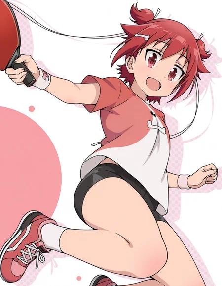 (masterpiece:1.4), (best quality:1.4),  very aesthetic, newest,best quality, amazing quality, very aesthetic, absurdres, 
1girl,  koyori, red eyes,solo,short hair, red hair,short twintails, ribbon, two side up,born hair clip,
wristband, t-shirt,, short shorts, raglan sleeves, white socks,short sleeves,  pink shirt, bike shorts,pink footwear,pink sneakers,red sneakers
anime screenshot<lora:koyori_v4:1>
holding paddle,red paddle
jumping,drop shadow,simple background,pink halftone effect,open mouth,white background, smile
looking at viewer
from below,dutch angle