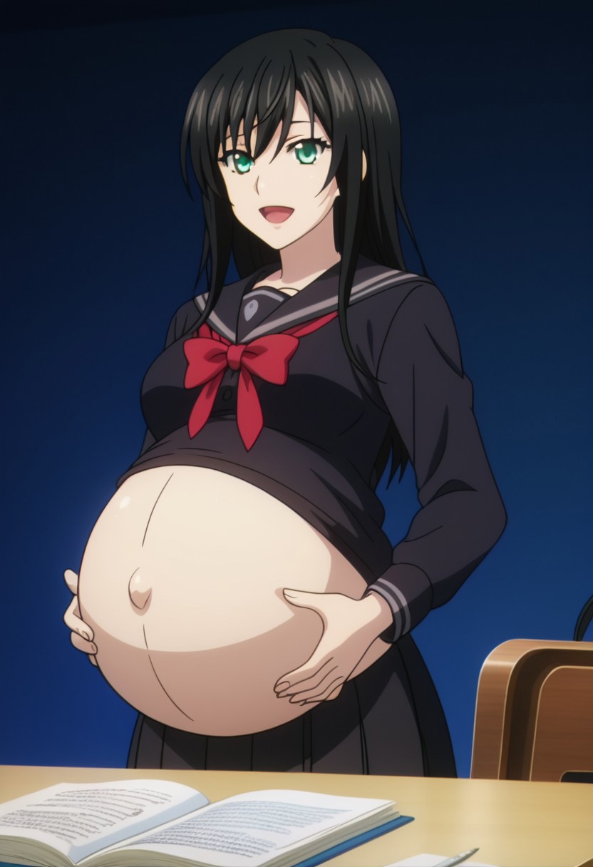 best quality, masterpiece, 4k, perfect lighting, very aesthetic, anime, anime coloring, official art, anime screencap,
OverallDetail, fFaceDetail, 
bedroom, happy, huge pregnant belly, hand on belly,
Kiriha, black hair , school uniform, black shirt,
<lora:Pregnant Bump:1>