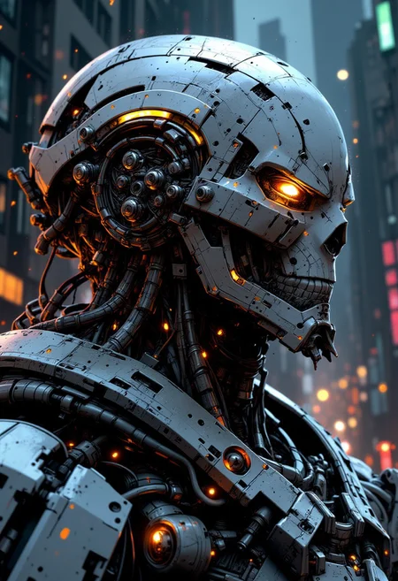 nvinkpunk, mythp0rt, masterpiece, closeup view of a high-end battle robot, mirrored sliver armor, reflective faceplate, glowing circuitry, robot joints and cables, masterpiece, perfect composition, dark city background, silhouetted, directional light