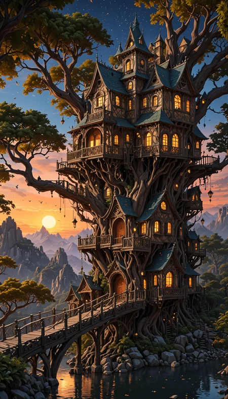 a wonderous and beautiful fantasy world with the Tree House Mansion, Bridge, Stars, in the night, insanely detailed and intricate, hyper maximalist, elegant, hyper realistic, super detailed, vivid colours, sunrise, ornate, dynamic, articulate, 8K, <lora:3D_Framed_Wall_Art_-_By_DICE:0.6>, (Framed 3D, 3d Tree), EPIC, Painstaking Attention To Detail, UHD