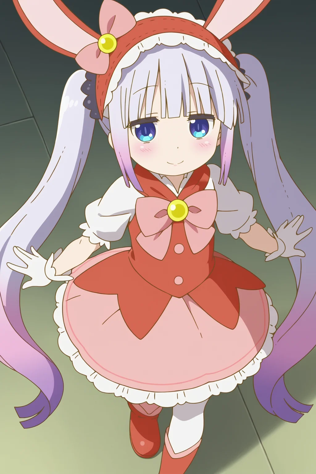score_9, score_8_up, score_7_up, source anime, prefect lighting, very aesthetic, BREAK, anime coloring, anime screencap,
<lora:kanna_kamui_v2-pdv6:1>, 1girl, kanna kamui, kobayashi-san chi no maidragon, blue eyes, purple hair, gradient hair,
magicalkanna, magical girl, white thighhighs, white gloves, twintails, pink bow, pink bowtie, frilled hairband, puffy short sleeves, rabbit ear hairband, frilled dress, boots,
BREAK, looking at viewer, light smile, blush,
BREAK,
