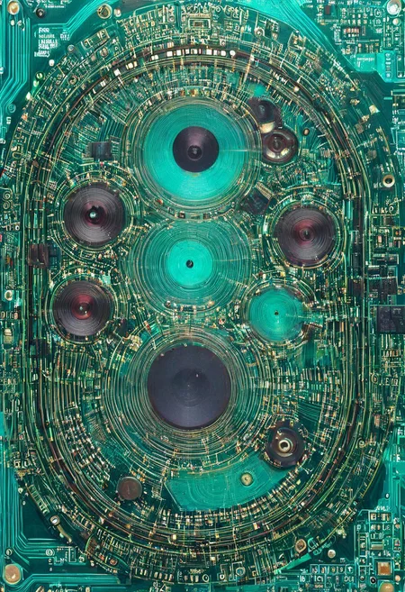 double exposure of opera diva Hatsune Miku with long floating aqua twintails singing high note merging with a printed circuit board of Yamaha electronics chip processor motherboard, <lora:DoubleExposure:1>, (head:1.8), <lora:The Phantom of the Opera style:1.5> The Phantom of the Opera style, <lora:loraeyesxl:0.4>