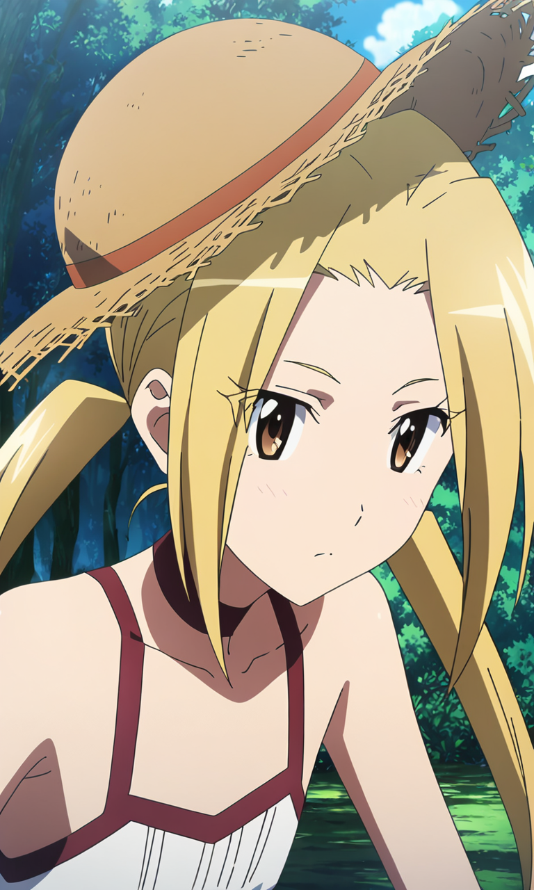 anime artwork hagimura suzu, 1girl, long hair, blonde hair, twintails, brown eyes, petite, flat chested, (straw = hat), forest,masterpiece,best quality,8k highres . anime style, key visual, vibrant, studio anime, highly detailed