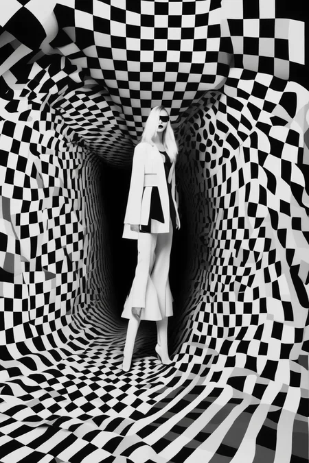 <lora:Op Art:1>Op Art - Step into the world of Op Art Fashion, where brocade and chintz fabrics come alive with pixelated plaid designs. Get ready to be mesmerized by optical illusions and swirling parabolic shapes that create a sense of mesmerizing movement. This composition is a visual feast for the eyes, with intricate patterns and bold colors that captivate the imagination. The interplay of light and shadow adds depth and dimension, enhancing the overall optical effect. As you delve into this opulent fashion realm, prepare to be enchanted by the dynamic and ever-changing visual illusions that this style has to offer. Get ready to make a fashion statement like no other with this captivating Op Art Fashion masterpiece. Award-Winning Photography style, Op Art Fashion, Super-Resolution.