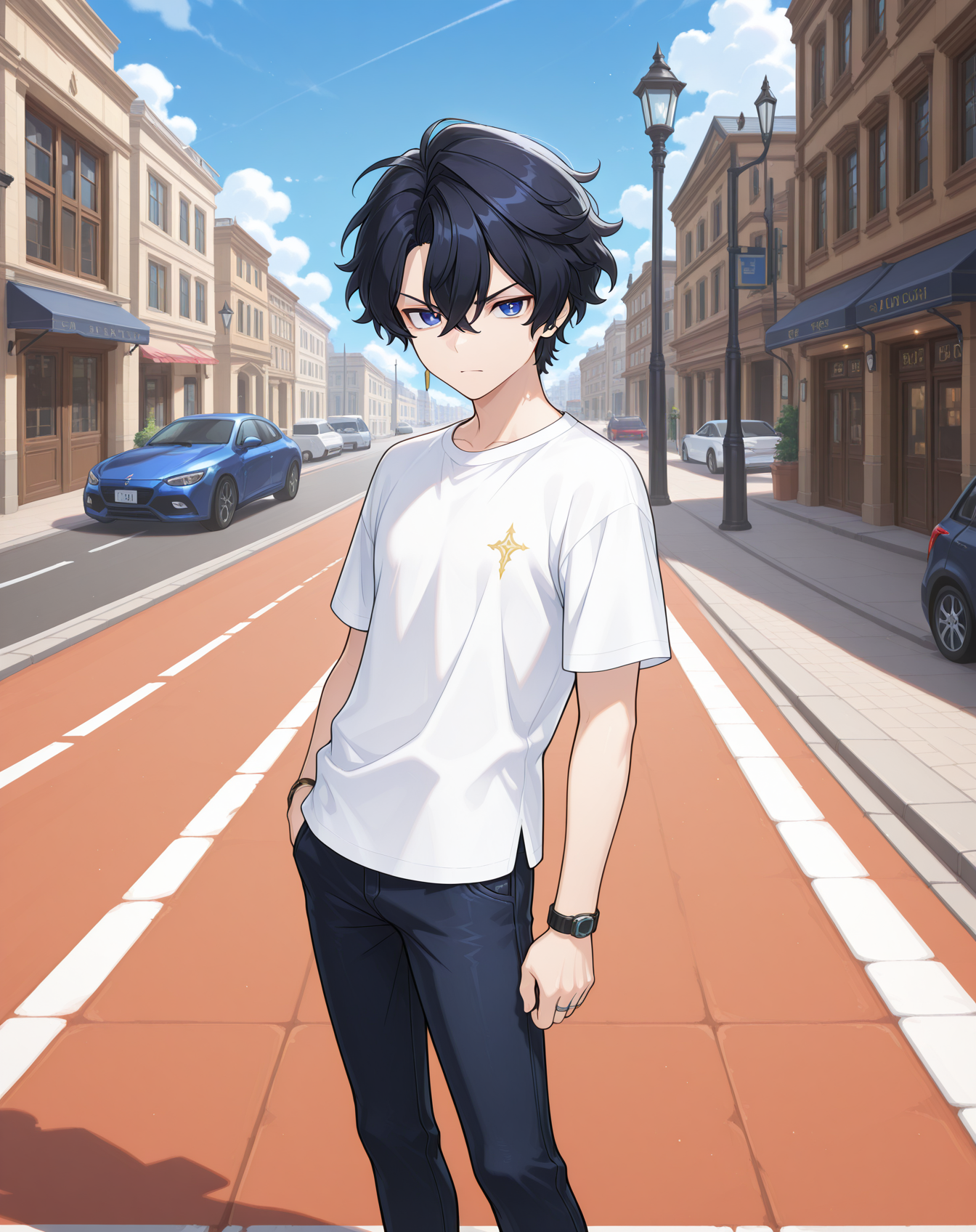 masterpiece,best quality,amazing quality, newest, very aesthetic, absurdres,
1boy, solo, yaoi, male focus, looking at viewer, cowboy shot, standing,
<lora:Noah_Celestia_ilxl:1>  noahcl, short hair, black hair, hair between eyes, blue eyes, crossed bangs, v-shaped eyebrows,
white shirt, jeans, sneakers,
outdoors, day, blue sky, building, street, road, lamppost, car,