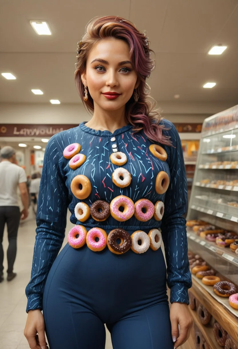 d0nu71f13d, bakery, aged female, short jacket, tight white silk blouse pattern, black pants, dark red lips, gentle smile, 35 years old, score_9, score_8_up, score_7_up, score_6_up, score_5_up, score_4_up, UHD, 8K, masterpiece, detailed, ultra_high_resolution, lots of detail, Ultra detailed photo realistic background, realistic high detailed beautiful face, anatomic correct bodies, extremely realistic, lots of detail, strong, athletic, seductive, small waist, wide hips, big brown eyes, indoors, (background made of doughnuts:2.4), ladyjoe, purple hair, blue dress, frills.