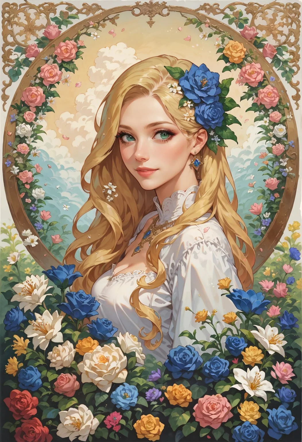 score_9, score_8_up, score_7_up, 1 girl, beautiful flowers, flower corsage in hair, (flowers in background, abstract flower background), impressionism, blonde hair, long hair, art nouveau style <lora:sdxl\Anime Summer Days 2 Style SDXL_LoRA_Pony Diffusion V6 XL:0.8>