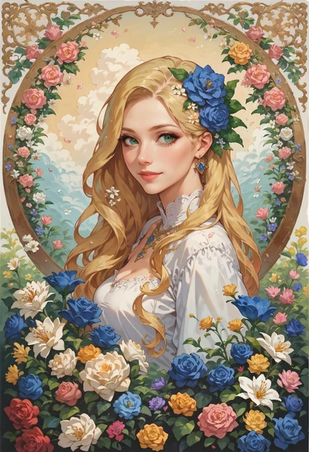 score_9, score_8_up, score_7_up,  1 girl, beautiful flowers, flower corsage in hair, (flowers in background, abstract flower background), impressionism, blonde hair, long hair, art nouveau style  <lora:sdxl\Anime Summer Days 2 Style SDXL_LoRA_Pony Diffusion V6 XL:0.8>