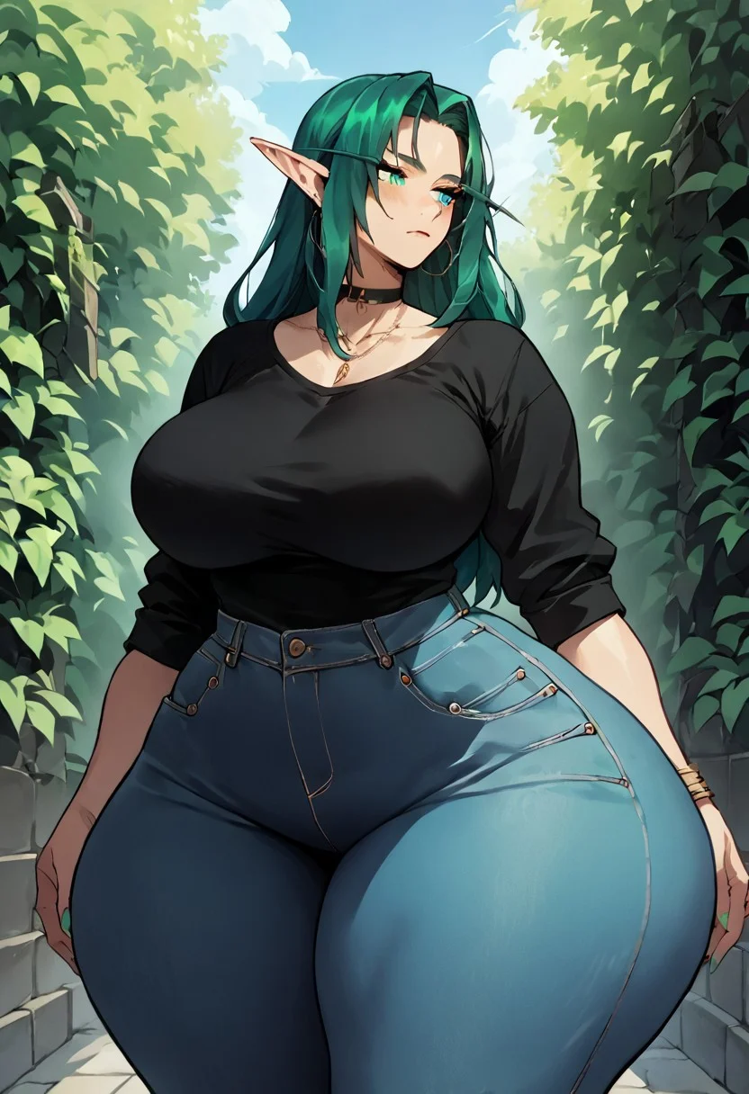 score_9, score_8_up, score_8, 1girl, large breasts, thick thighs, wide hips, source_anime, elf, jeans, green hair,