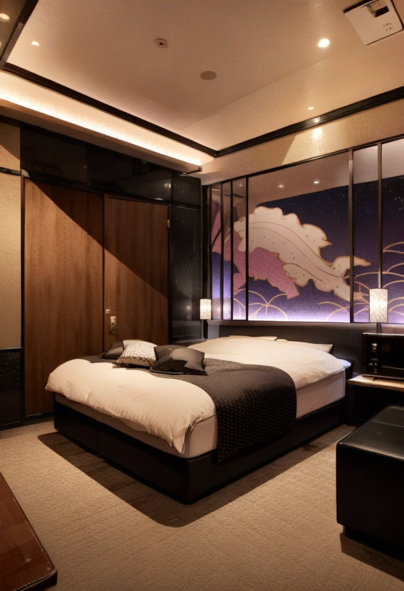 masterpiece, best quality, very aesthetic, absurdres,
lovehotel, scenery, lamp, bed, indoors, night, ceiling light, pillow, table, door, chair, couch, light, television, carpet
 <lora:Lovehotel_C_SDXL_V1:1>
