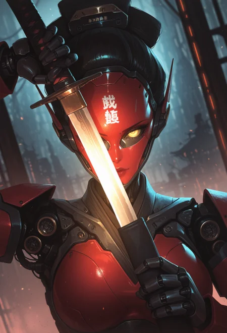 <lora:ck-Sommo-Concept-Art-IL-000012:1>, masterpiece, best quality, good quality, very aesthetic, absurdres, newest, 8K, depth of field, focused subject, portrait, dynamic angle, action shot, 1girl, woman Geisha is an android, looking at viewer, fierce look, the plastic cyborg mask is open, the mechanical parts of the robot are visible inside, the android is very sinister and dangerous, cross_draw, katana, sword_draw, iaido, one_hand_on_sheath, unsheathing, from the epic movie Ghost in Armor, spaceship in background
in the style of ckjs
<lora:MoriiMee_Gothic_Niji_Style_Illustrious_r1:0.5>