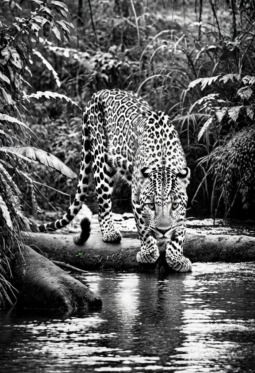 a (black and white:1.5) photo of a leopard, in the jungle, drinking at the at the edge of a river, at dusk, dense jungle forest, dramatic lights, shallow depth of field, blurred background, extreme details, intricate details, 8k, 35mm photo, photorealism, realistic photo, national geographic style, masterpiece, film photography style