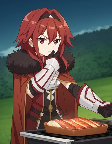 score_9, score_8_up, score_7_up, source_anime, <lora:bofuri-mii-s2-ponyxl-lora-nochekaiser:1>, mii, long hair, bangs, red eyes, hair between eyes, sidelocks, red hair, hairband, black hairband,, gloves, black gloves, cape, armor, fur trim, red cape,, backyard, barbecue, grilling, laughter, summer evening, , looking at viewer, elbow up, foot forward, hand on chin, solo,, cowboy shot, dutch angle
