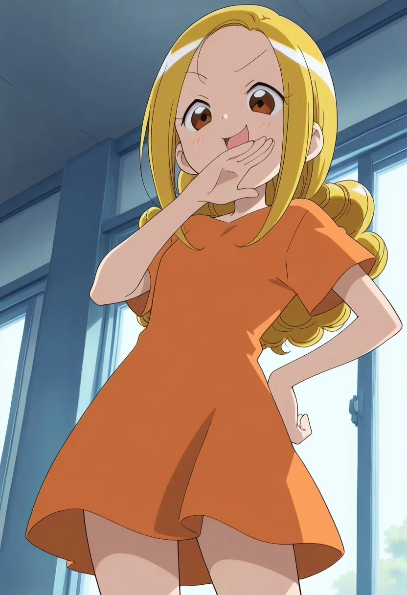 1girl,masterpiece, best quality, good quality, very aesthetic, absurdres, newest
ojatamakir, long hair, blonde hair, brown eyes, orange dress, short sleeves,young
,ojou-sama pose,smile,open mouth, from below,looking down,hand on own hip, deformed,hand on own chin,lift skirt,white panty
masterpiece, perfect quality, perfect lighting,masterpiece, amazing quality, best quality, ultra-detailed,shiny hair, clear skin, ultra-detailed-eyes, eyelashes, highly detailed,
HDR, 8K, high contrast, masterpiece, best quality, amazing