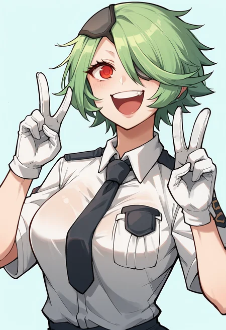 score_9, score_8_up, score_8, source_anime, 1girl, <lora:KirukoOtonashi:0.85> large breasts, short hair, green hair, hair over one eye, red eyes, eyepatch, uniform, necktie, police uniform, gloves, pantyhose, smile, laugh, upper body, v sign,
light blue background, simple background,
