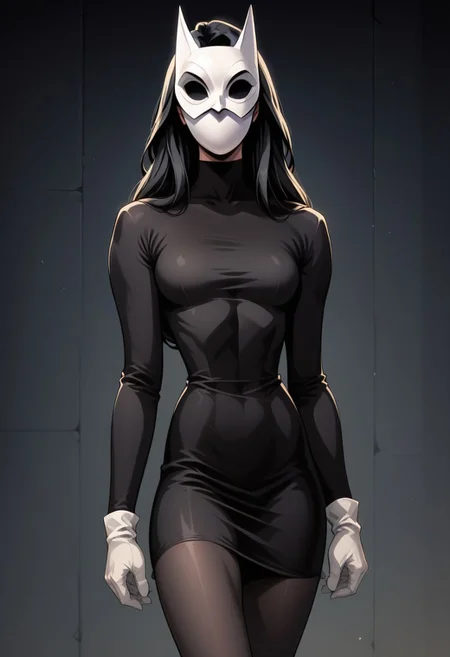 fr0nt1nn0c3ntStyl3, Style: Front Innocent,score, score_9, score_8_up, score_7_up, score_6_up, _5_up, score_4_up, source_anime, (masterpiece), high quality, 4k, Artist style: Bruce Timm, DCAU, DC comics, Western Comics, masked_woman, m4skedw0m4n, BREAK, 1woman, Calendar_Girl, (Page Monroe), long hair, black hair, skintight clothing, long-sleeved dress, black dress, black tights, petite, (white mask), (mask:1.6), (monochromatic outfit), gloves, (black eyes:1.5), (no eyes:1.4)