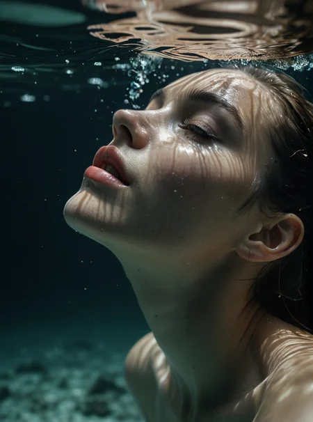 model lying on her back, close-up of nose and lips in profile, emerging from the water, (image half underwater and half above water), low angle, dark tones, photo quality, 4K