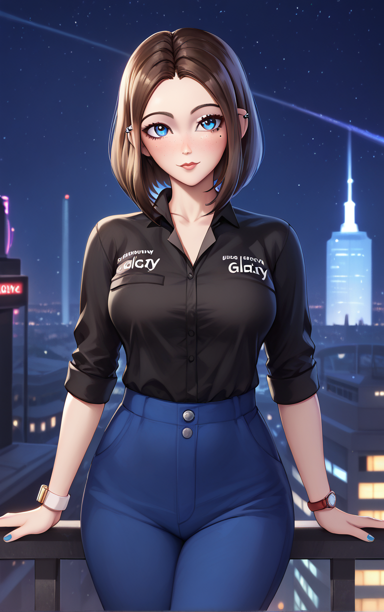 score_9, score_8_up, score_7_up, BREAK
MEME_SamsungSam_ownwaifu, samsung sam,
1girl, blue eyes, brown hair, eyelashes, freckles, makeup, medium hair, mole under eye, short hair, nail polish, blue nails, watch, wristwatch, ear piercing, breasts, piercing, jewelry, lips, large breasts,  earrings, sleeves rolled up, parted bangs, buttons, collarbone, sleeves pushed up, forehead,
black shirt, blue pants, clothes writing, jeans, collared shirt, denim, cleavage, high-waist pants, shirt tucked in,
(standing, arm_support), railing, cityscape, night, city, city lights, scenery, starry sky, vanishing point, outdoors, <lora:PONYXL_MEME_SamsungSam_ownwaifu:0.8> , depth of field, solo,