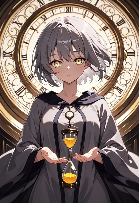 masterpiece, best quality, good quality, very aesthetic, absurdres, newest, 8K, depth of field, in the style of cknc, artist:moriimee, in the style of cksc,
1girl, long grey hair, flowing, golden eyes, small breasts, perky, hourglass pendant, tattered robe, glossy skin, turning clock hands, looking at viewer, from front
BREAK
time-warped ruins, clocks floating, mist rising
BREAK
dynamic light, purple tones, high contrast, mystical haze, rich details, surreal atmosphere