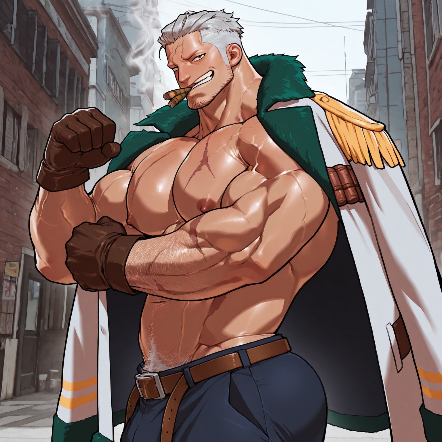 masterpiece, best quality, absurdres, newest, perfect quality, best quality, absolutely eye-catching, detailed background, intricate details, bara, 1boy, male, male focus, solo, mature, smoking, two cigars, mouth hold, silver hair, short hair, forehead, brown eyes, white and blue marine jacket, open jacket, green fur, brown gloves, blue jeans, brown belt, stubble, hairy, scars, bara, muscular, large pectorals, large biceps, upper body, cowboy shot, flexing arms, flexing, side view, smirk, outside city scenery, very awa, best quality, absurdres, newest, perfect quality, detailed background, intricate details, (artist:rokudenashi:0.8), (artist:dizdoodz:0.7), (artist:gomtang:0.6)