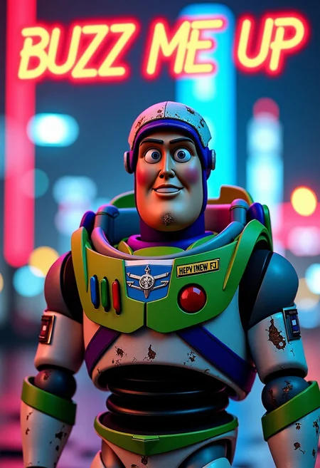 A striking magazine cover titled "BUZZ ME UP" featuring a futuristic, battle-worn Buzz Lightyear from *Toy Story*, his iconic spacesuit now tattered and worn. His once pristine armor is ripped, showing patches of rust and battle scars, with torn fabric and exposed circuitry beneath. His helmet is cracked, and the usually vibrant colors are faded, reflecting a dystopian world. In the background, a neon-lit cyberpunk city skyline looms, contrasting the faded hero against the glowing, chaotic future. The text "BUZZ ME UP" is boldly displayed in neon lights above, with a grunge, graffiti-style font. Shot with a **Hasselblad X1D II 50C**, 45mm f/3.5 lens, the magazine cover focuses on capturing the weathered textures of Buzz's suit, with a sharp contrast between the retro sci-fi character and the futuristic, gritty backdrop.
