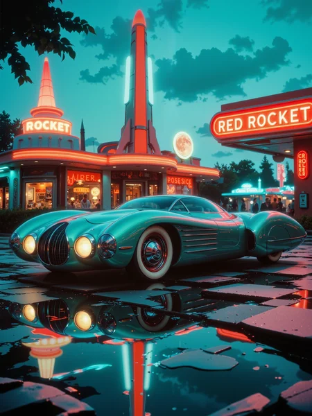 professional magazine photo, cinematic composition, 8k, 4k, 1950s retro-futurism, science fiction, perfect reflections, ray tracing, a highly detailed, high-resolution photo of an exciting luxurious, retro-futuristic supercar gleaming under the neon glow of a vintage gas station, a vision of 1950s-inspired atomic-age design, fused with cutting-edge technology, its sleek, aerodynamic bodywork features flowing curves, pronounced tailfins, and a bubble-shaped canopy, reminiscent of classic mid-century concept cars, polished chrome trim reflects the ambient light, while its vibrant metallic paint - indigo blue with polished chrome accents - shimmers with a soft pearlescent finish, whitewall tires with turbine-styled hubcaps complete its striking silhouette, the car's headlights are on, casting bright beams onto the rain-slick pavement, the light refracting in shimmering reflections. the setting is an atmospheric retro-futuristic gas station, bold red and white signage displays the text: "Red Rocket" in classic americana typography, its iconic towering rocket-shaped sign glowing softly against the twilight sky, red vintage fuel pumps stand in a row, showcasing the golden age of optimistic engineering, the concrete forecourt is slick from a recent rain shower, casting shimmering reflections of neon, the sky is a rich blend of twilight hues, with the last golden light of sunset fading into a deep blue, the first stars appearing above, the composition is cinematic, shot at a dramatic low angle to emphasize the power and elegance of the car, the car is positioned in the lower third of the frame, drawing the eye toward the red rocket sign in the background, giving the image a sense of grandeur and depth, captured with a hasselblad h6d-100c medium format camera on kodak ektar 100 film, f/2.8 aperture, iso 200, the soft film grain enhances the vintage aesthetic, while the crisp details ensure a modern, high-end car magazine quality, the lighting is a mix of soft natural dusk light and the warm artificial glow of gas station signage, combining to create a dynamic, luxurious atmosphere, a perfect blend of classic americana and retro-futuristic optimism, framed with masterful precision to evoke a sense of nostalgia and wonder, <lora:faetastic_details-flux-by_faeia:1.0> arsmoviestill, 80s fantasy movie still, <lora:style-80s_fantasy_movie-v3-flux-by_arsmachina:0.88> <lora:futucars-flux-by_ciro_negrogni:1.0>