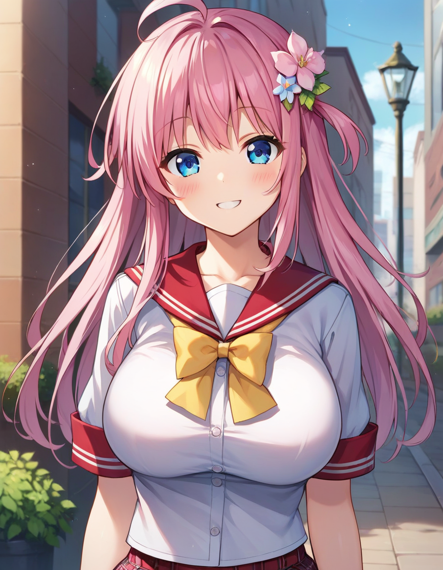 score_9,score_8_up,score_7_up,score_6_up BREAK official art,solo,outdoors,upper body,(portrait:1.5),looking at viewer,facing viewer,smile,blush,Nanase Momoka,ahoge,long hair,pink hair,hair flower,hair ornament,sidelocks,bangs,blue eyes,red sailor collar,plaid sailor collar,pink bow,yellow ribbon,white shirt,short sleeves,large breasts,red skirt,plaid skirt,frilled thighhighs,white thighhighs,loafers,<lora:Nanase Momoka(ip2)-Pony:0.8>,
