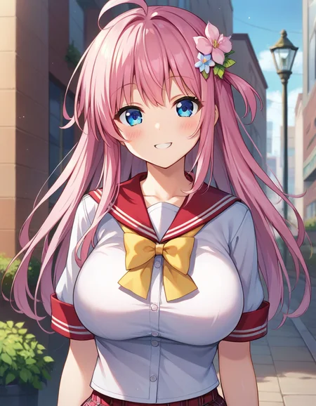 score_9,score_8_up,score_7_up,score_6_up BREAK official art,solo,outdoors,upper body,(portrait:1.5),looking at viewer,facing viewer,smile,blush,Nanase Momoka,ahoge,long hair,pink hair,hair flower,hair ornament,sidelocks,bangs,blue eyes,red sailor collar,plaid sailor collar,pink bow,yellow ribbon,white shirt,short sleeves,large breasts,red skirt,plaid skirt,frilled thighhighs,white thighhighs,loafers,<lora:Nanase Momoka(ip2)-Pony:0.8>,