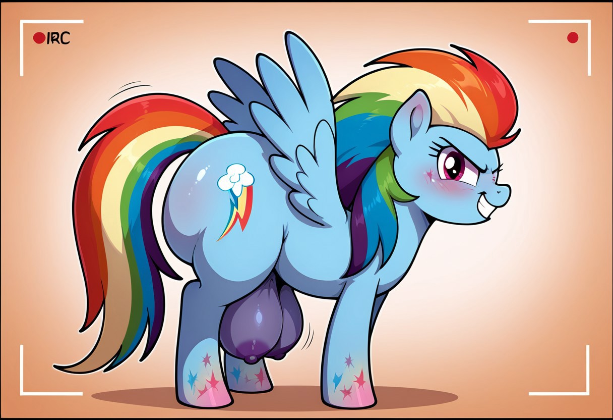 score_9, score_8_up, score_7_up, masterj291´Style, highres, hi res, best quality, masterpiece, <lora:add-detail-xl:.5>, my little pony, solo, background, detailed background, ((my little pony, <lora:mlp: fim - rainbow power - rainbow dash:1>, rainbow dash, rainbow power, determined smile, hooves, fantasy lighting, blue pegasus, large butt, grin, striped mane, gradient hooves, border, stylized rainbow mane)
), thoughtful expression, blushing expression, equine, fat ass, feral, huge ass, huge butt, plump, pony, quadruped, thick thighs, looking at the viewer ,ass crack,standing ,(Feral Pony, Pony Form, Huge crotchboobs,purple nipples, Hyper hips, thick thighs, hyper butt,large butt, butt overhang),sexy and cute thin legs,alicorn,horny,empty eyes, recording, twilight's kingdom, TWERKING