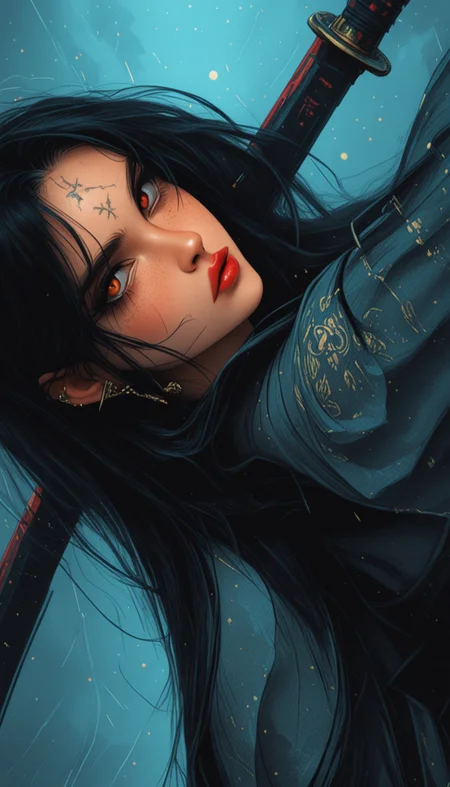 masterpiece,
high_quality, highres, detailed_eyes, detailed, masterpiece, best quality, absurdres, 8k, HDR, face_focus, high quality, very_awa, newest, absurdres, highres, depth_of_field, realistic_skin,
pinkretroanime, retro art,
Jeddtl02,
p0nyd1sney1ncasev1x0n2, very aesthetic, detailed face, (dynamic:1.2), stylized, illustration, dynamic pose, nsfw, girl, tall body, slender body, fit body, long legs, deep cleavage, (freckles on the face:1.25), A breathtaking, ultra-detailed digital painting depicting a solitary, enigmatic woman amidst a torrential downpour in a forgotten, ancient Japanese temple courtyard. The scene is bathed in the eerie, spectral glow of a full moon, partially obscured by dense, swirling storm clouds. **Character:** * **Pose:** Standing gracefully, partially turned to the viewer, with one hand delicately holding a katana, the blade reflecting the moon's light, the other hand partially concealed within the folds of her silk kimono. Her stance is relaxed yet imbued with a palpable sense of power and contained fury.
* **Appearance:** The woman possesses porcelain skin, almost luminous in the gloom, with subtle traces of bruising around her wrists, hinting at recent combat. Her face is a study in contrasts – sharp, angular features softened by a melancholic expression. Her eyes are a startling, icy blue, deep-set and filled with an ancient sorrow and a flicker of lethal intent. High cheekbones, a slightly pointed chin, and full, delicately shaped lips complete her face.
* **Hair:** Raven-black, impossibly long, and intricately styled with small, meticulously placed jade ornaments woven throughout. The rain plasters strands against her face, adding to the overall impression of wildness and untamed beauty. It flows down her back, almost reaching the ground.
* **Clothing:** She wears a traditional, layered kimono crafted from shimmering, charcoal gray silk. The base layer is a deep, almost black, shade, while the outer layers are embroidered with stylized depictions of blooming cherry blossoms and stylized dragon motifs in shades of silver and pale blue. The sleeves are wide and flowing, reaching her mid-forearm. A dark, embroidered obi cinches her waist, adorned with intricate gold and silver tassels.
* **Accessories:** A single, intricately carved jade hairpin secures her hair, depicting a coiled serpent. Several silver bracelets adorn her wrists, and a delicate silver necklace featuring a small, obsidian pendant hangs around her neck.
* **Hands:** Her hands are pale and slender, with long, elegant fingers. The knuckles are slightly bruised. **Environment:** * **Setting:** The scene is set within the decaying courtyard of an ancient, moss-covered Japanese temple. Weathered stone lanterns cast an unsettling glow. * **Rain:** A torrential downpour, the rain cascading down the stone walls and lanterns, creating a shimmering, blurred effect. The rain reflects the moonlight and lantern light.
* **Background:** The background is a chaotic blend of weathered stone, crumbling pillars, and overgrown vegetation. Mist hangs low, obscuring distant elements and adding to the atmosphere of mystery and isolation. Partially visible through the rain are the dark, imposing silhouettes of the temple's main structure – intricate wooden beams and tiled roofs.
* **Time/Season:** Late evening, autumn. The air is thick with humidity and the scent of wet earth and decaying leaves. **Lighting & Atmosphere:** * **Color Palette:** Primarily cool tones – shades of gray, blue, and black, punctuated by the silver and pale blue of the embroidery and the cold, spectral blue of her eyes.
* **Lighting:** Dramatic, volumetric lighting with strong contrasts. The primary light source is the full moon, casting long, distorted shadows. The lantern light adds pools of warm, flickering illumination, creating an eerie atmosphere.
* **Camera Angle:** Low angle, looking up at the character, emphasizing her imposing presence and power.
* **Effects:** Heavy rain, volumetric lighting, atmospheric haze, motion blur on rain droplets, subtle chromatic aberration. **Action:** A sense of poised readiness. The katana held mid-air, as if she is about to draw it. Her expression suggests a moment of intense focus and barely contained rage., 1girl, solo, long hair, looking at viewer, bangs, black hair, red eyes, gloves, holding, jewelry, closed mouth, upper body, weapon, earrings, parted lips, looking back, sword, grey background, from behind, holding weapon, armor, mole, from side, lips, parted bangs, looking to the side, dutch angle, eyelashes, mole under eye, blood, tattoo, makeup, floating hair, glowing, colored skin, scar, facial mark, holding sword, piercing, katana, cross, lipstick, slit pupils, shoulder armor, sheath, ear piercing, pale skin, portrait, glowing eyes, scar on face, rain, blood on face, forehead mark, chinese text, red lips, japanese armor, vampire, over shoulder, stitches, facial tattoo, weapon over shoulder, cross earrings, weapon on back, neck tattoo