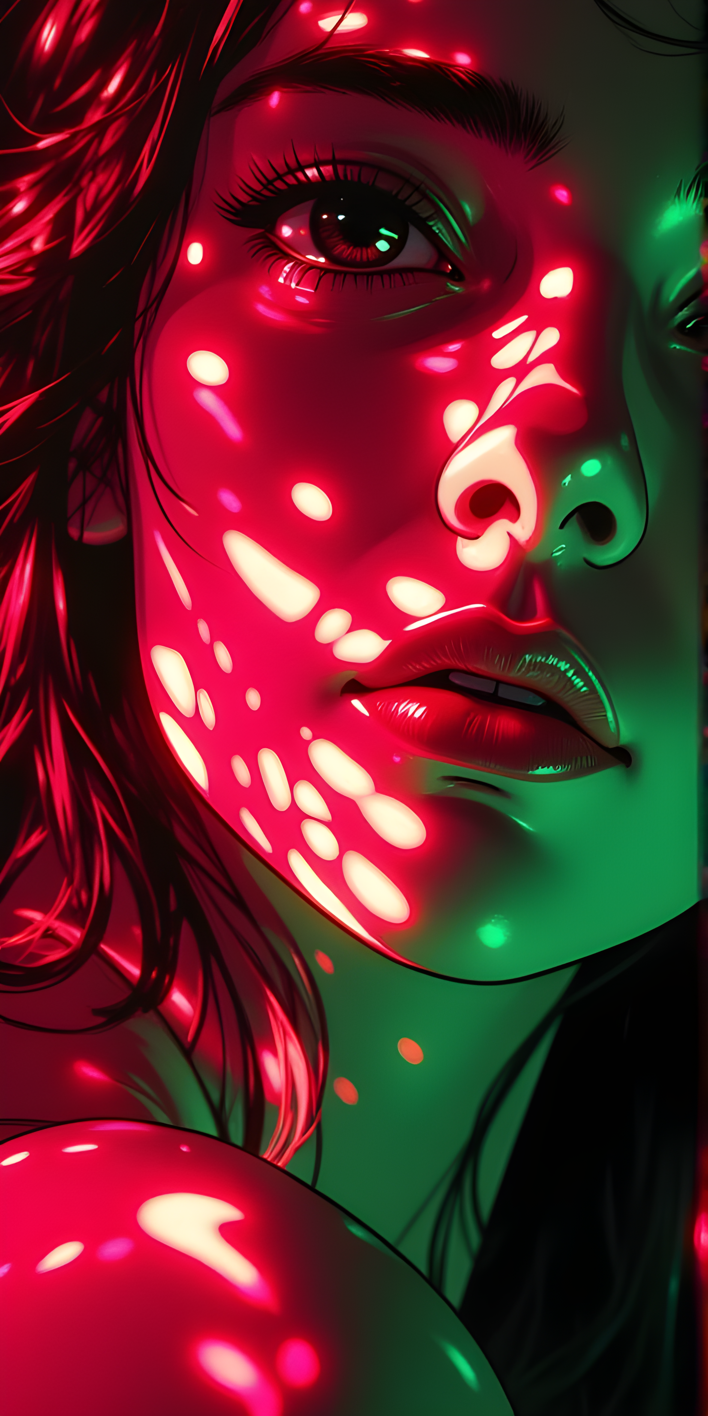 A woman with long, dark hair that appears to be partially illuminated by vibrant neon lights. Her face is the focal point of the image, with her features highlighted by a mix of red and green lighting. The light creates a striking contrast, casting intricate patterns and shadows across her face.
BREAK j_art, anime, anime art, <lora:FLUX\jul\J_Anime:0.7>, <lora:FLUX\Anime Art V3:0.1>, <lora:FLUX\Flux-jijia:0.2>