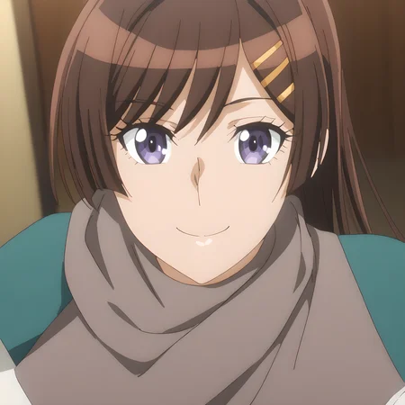 otonashi_hibiki, 1girl, solo, brown hair, purple eyes, brown hair, hair ornament, smile, hairclip, school uniform, smile, looking at viewer, <lora:Otonashi_Hibiki:1>