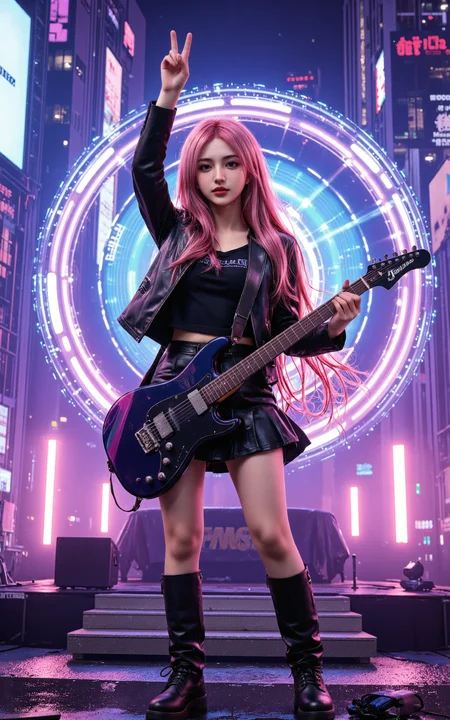 A stunning 20-year-old girl with long,flowing pink hair,dressed in a sleek black leather jacket,a pleated black skirt,and knee-high black boots. She stands confidently on a neon-lit cyberpunk stage,skillfully playing an electric guitar. With her other hand,she raises it high,making a victory gesture. The futuristic cityscape behind her glows with deep purples,electric blues,and vibrant pinks,featuring towering skyscrapers and massive holographic billboards. Behind her,a dazzling circular energy effect pulses,radiating a sci-fi aura like a futuristic power field,enhancing the cyberpunk atmosphere. The stage is illuminated by dynamic spotlights,and digital particles float in the air,creating an immersive high-tech concert scene.,<lora:yuukananri-base-02-flux:0.8>,yuukananri,she has a slender physique and a petite build,<lora:aidmaMJ6.1_v0.5_3:0.5>,aidmaMJ6.1,