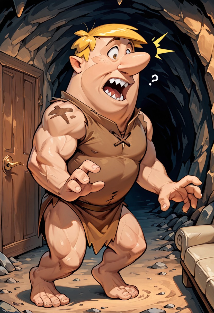 score_9, score_8_up, score_7_up, score_6_up, masterpiece, best quality, detailed eyes, detailed face, face_focus, (solo, 1man, Barney Rubble transformation into spike_extd, mid transformation, sharp teeth, claws, dynamic pose), (cave, stone couch, door, blond hair, small head:2.0, brown loincloth), muscular male, realistic,(wide open eyes, confusion, surprise),