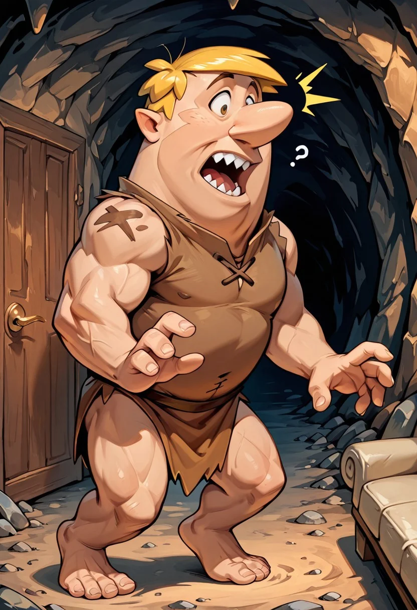 score_9, score_8_up, score_7_up, score_6_up, masterpiece, best quality, detailed eyes, detailed face, face_focus, (solo, 1man, Barney Rubble transformation into spike_extd, mid transformation, sharp teeth, claws, dynamic pose), (cave, stone couch, door, blond hair, small head:2.0, brown loincloth), muscular male, realistic,(wide open eyes, confusion, surprise),