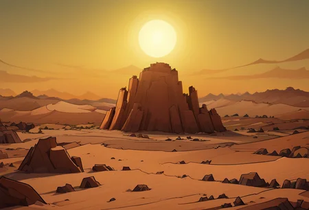 Landscape, aruda, desert canyon, red rock cliffs, day, high noon, big sun, masterpiece, paper lanterns, bustle, distant dunes and mesas, american southwest, hoodoo,