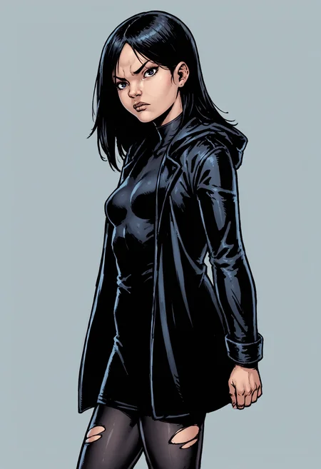 score_9, score_8_up, score_8, 1girl, <lora:TheFemale:0.75> small girl, small breasts, black eyes, black hair, black coat, dress, black tights, torn tights, looking at viewer, side view, serious expression,
light blue background, simple background,