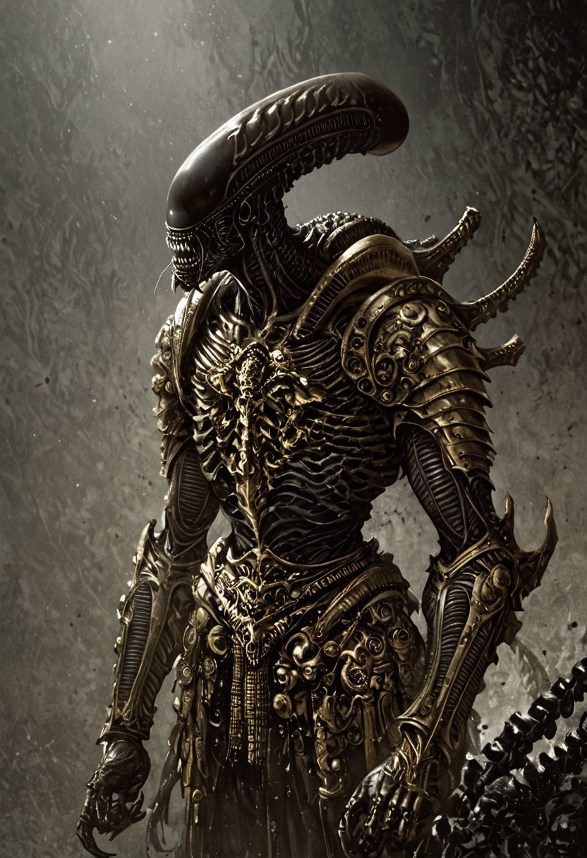 score_9, score_8_up, score_7_up, score_6_up, score_5_up, score_4_up,<lora:Fant5yP0ny:0.8>, xenomorphic creature from Lords of the Fallen, black templar armor, gold sword of Pieta, solo, gold eyes, blood on face, art by hr giger, ornamental armor, bronze cuirass