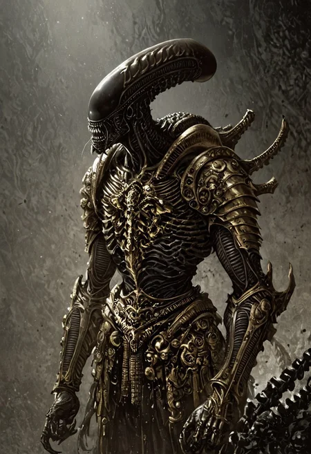 score_9, score_8_up, score_7_up, score_6_up, score_5_up, score_4_up,<lora:Fant5yP0ny:0.8>, xenomorphic creature from Lords of the Fallen, black templar armor, gold sword of Pieta, solo, gold eyes, blood on face, art by hr giger, ornamental armor, bronze cuirass