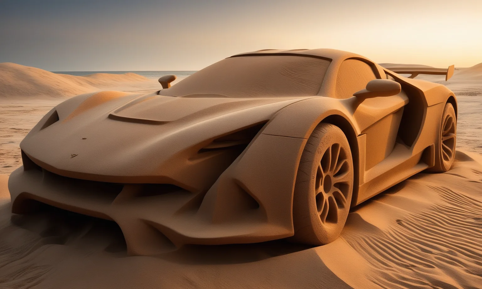 <lora:sandsculpturecd_xl-000006:0.6>,a modern sports car made of sand on sandbeach,full body,sandsculpturecd_xl,sand sculpture,outdoors,supercar,front view,fine art,(Unbelievable Digital Artwork:1.3),CGSociety,ArtStation,master works, emotional, harmonious, high budget, moody, epic, gorgeous, perfect lighting, realistic, photorealistic, photographic, photo (medium),real, moody lighting, volumetric lighting, reality ray tracing, 8K, HDR, UHD, masterpiece, best quality, highly detailed, high resolution, finely detail, extremely detailed, ultra detailed, wallpaper