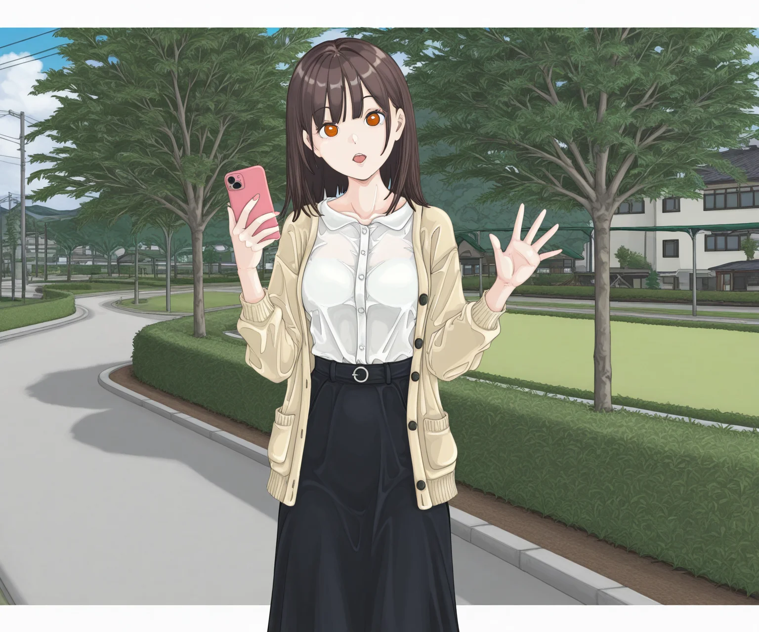 masterpiece, best quality, amazing quality, sfw, 1girl, solo, looking at viewer, medium hair, shirt, cardigan, long skirt, holding smartphone, outdoors, open mouth <lora:Bunr18 style ILL:1> bunr18_style