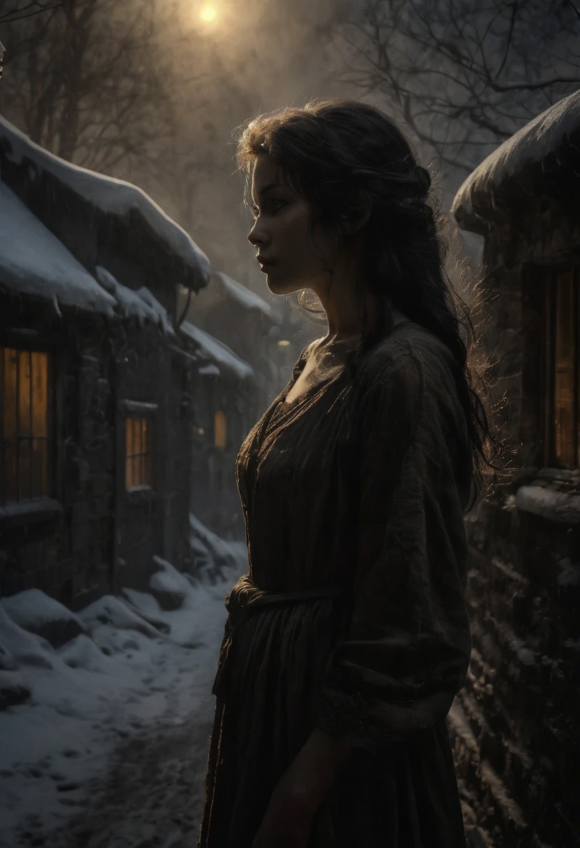 Hyper-realistic highest quality, masterpiece, girl, black hair, black eyes, House, shining sun, shiny skin, solar flare, photographs of a village covered with snow in an ethereal fog, where fairy tales come to life, street lamps, several houses with illuminated windows, smoking chimneys, Locked in the echoes of forgotten spells, eh. b. Jackson, Alan Lee,
Vibrant Colors, Snowy Sky, Sun Rays, Extremely High Detail Resolution, Photographic, Realism Taken to the Extreme, Fine Texture, Incredibly Realistic, Masterpiece, Best Quality, Photography, Fabulous, Face Focus, Intricate Details, Sharp Focus, Photography, Photorealism , photorealistic, 8k, soft focus, volumetric light,
creepy, (intricate details), (hyper-detailed), 8k hdr, high detail, lots of detail, high quality, soft cinematic light, dramatic atmosphere, atmospheric perspective, wide
