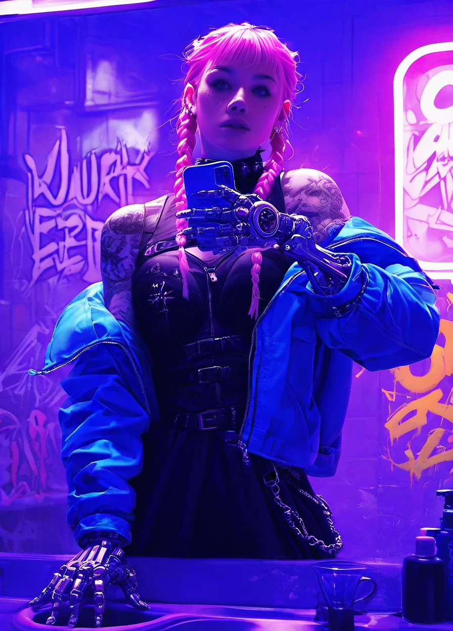 realistic,
masterpiece, best quality, amazing quality, highres, absurdres, very aesthetic, very awa,expert shading, ultra detailed, UHD, 8K,
BREAK,
N3onSp3ctra,realism, N3onSp3ctra, 1girl, solo, tattoo, pink hair, twin braids, braid, holding, phone, mirror, cyberpunk, graffiti, indoors, punk outfit, prosthetic arm, one mechanical arm, jacket off-shoulder, yellow. <lora:NeonSpectra-000009:0.85>
